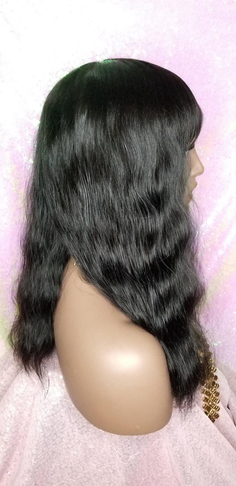 Wig Virgin Brazilian Remy 100% Human Hair Natural Loose Waves Full Wig with Bangs - Beauty Blessing Wigs & Hair Extensions Boutique