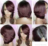 Glueless Brazilian Remy  Lace Front Human Hair Wig Straight Dark Plum Wine 99J Short Bob 