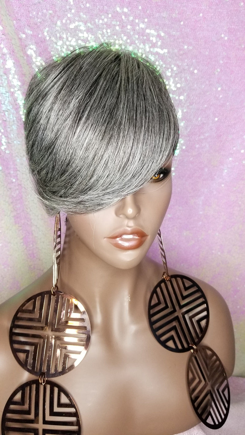 Pixie Cut Layered Bang Style Short Hair Wig Premium Fiber Salt Pepper Gray Hair Wig - Beauty Blessing Wigs & Hair Extensions Boutique