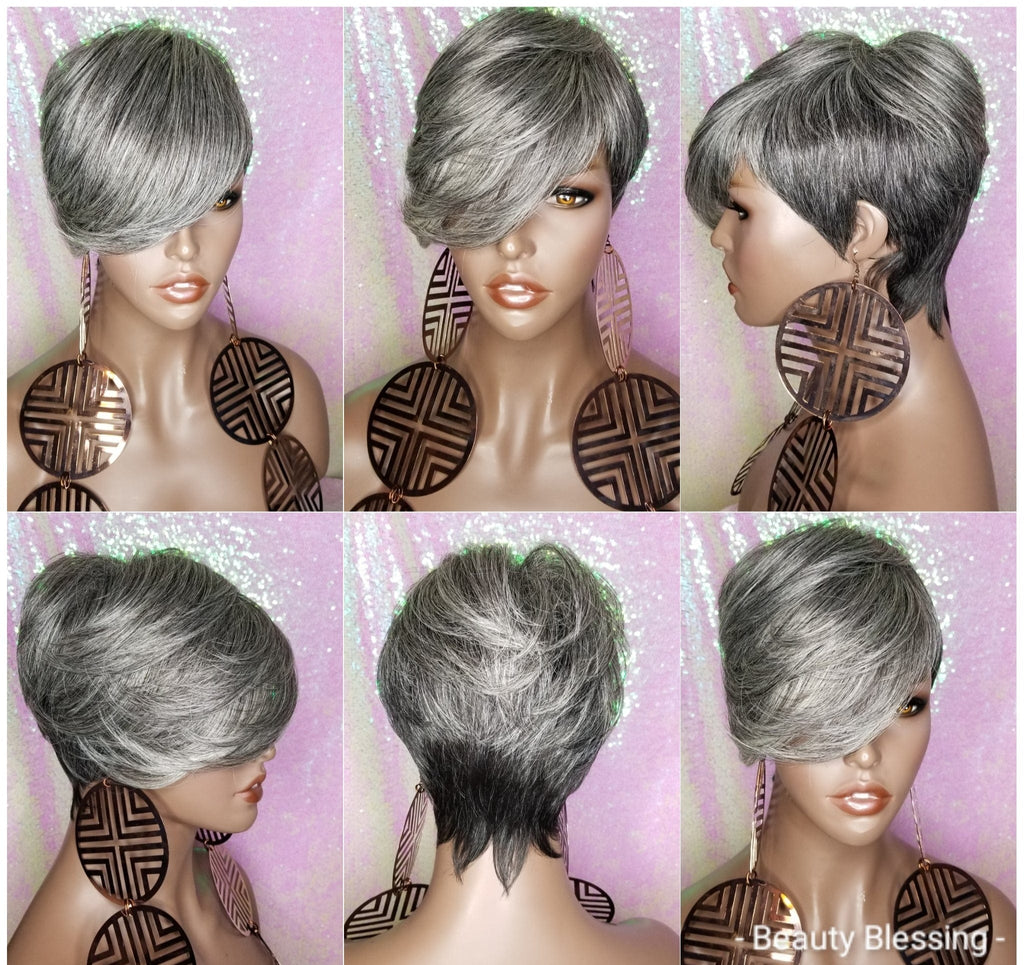 Pixie Cut Layered Bang Style Short Hair Wig Premium Fiber Salt Pepper Gray Hair Wig - Beauty Blessing Wigs & Hair Extensions Boutique