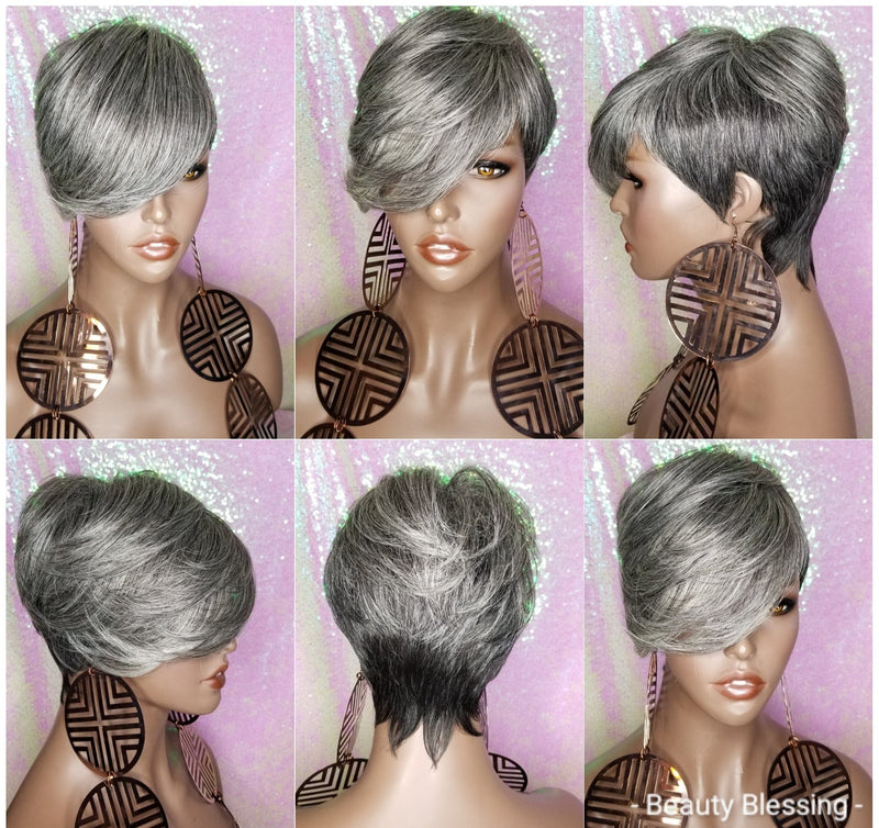 Pixie Cut Layered Bang Style Short Hair Wig Premium Fiber Salt Pepper Gray Hair Wig - Beauty Blessing Wigs & Hair Extensions Boutique