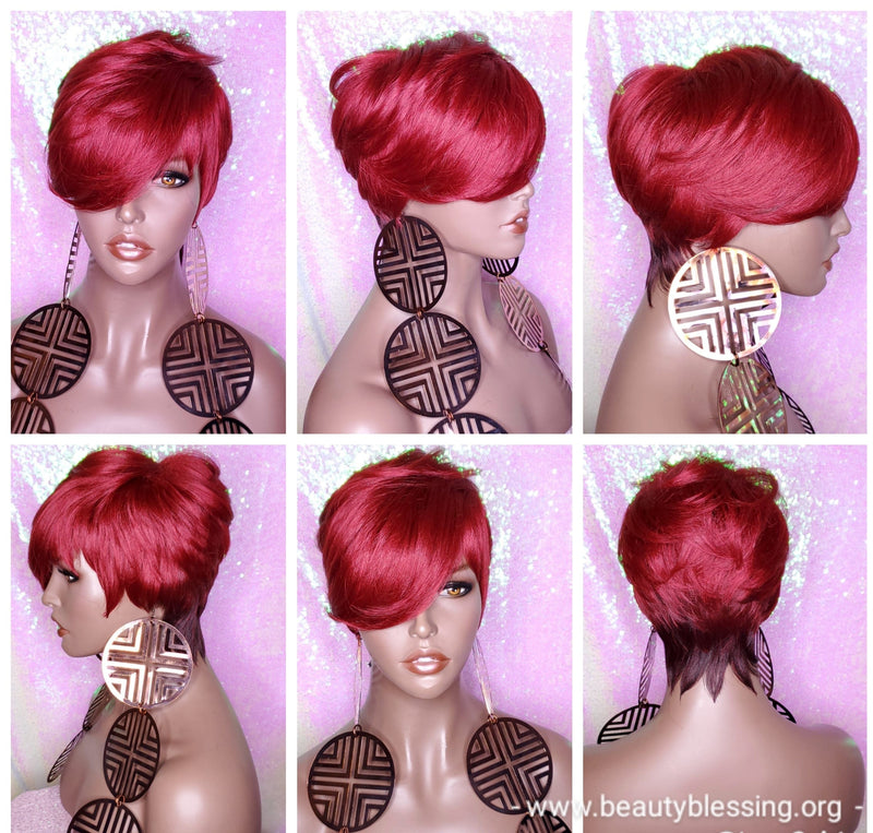 Pixie Short Cut Swoop Bang Ombre Burgundy Red Wine Hair Wig - Beauty Blessing Wigs & Hair Extensions Boutique