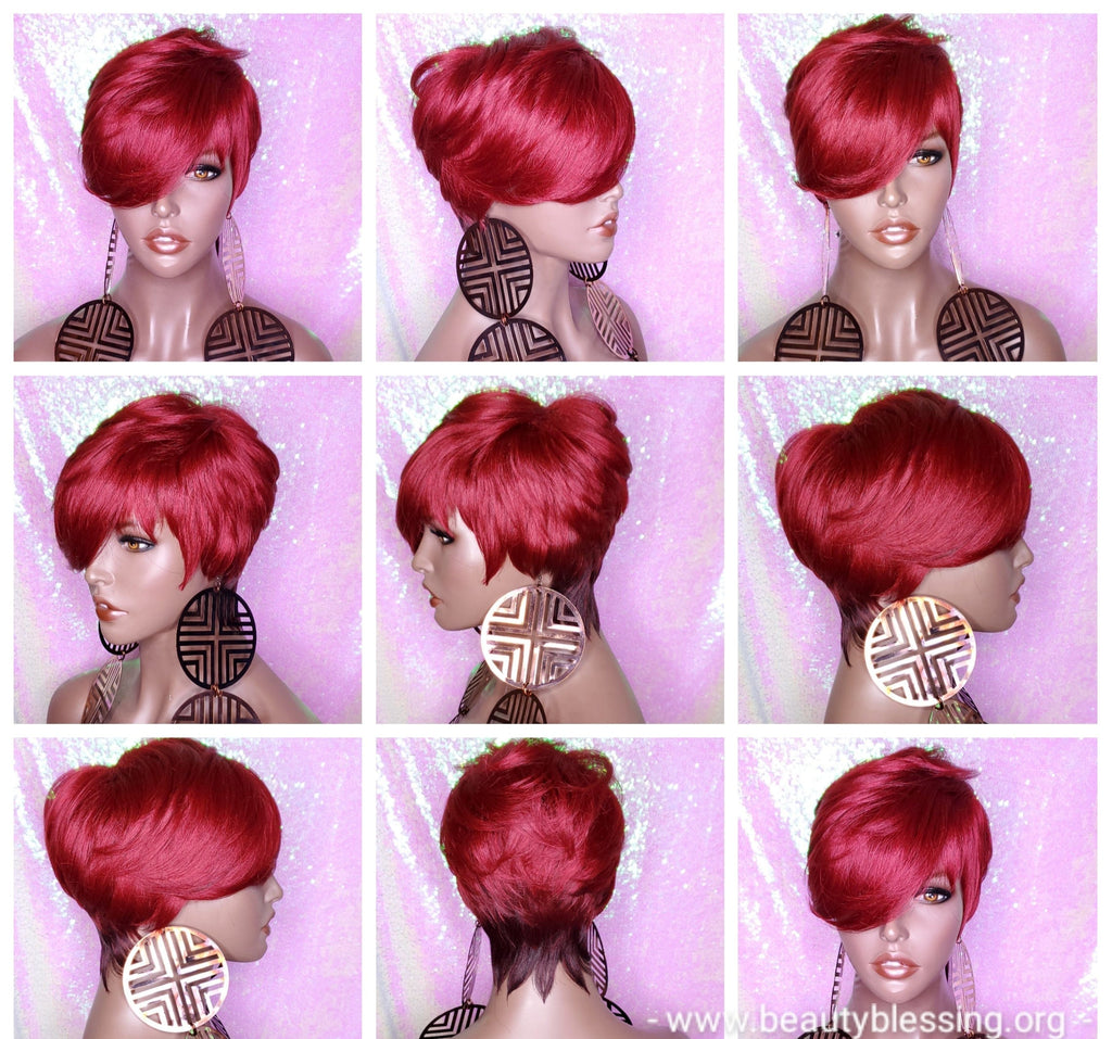 Pixie Short Cut Swoop Bang Ombre Burgundy Red Wine Hair Wig - Beauty Blessing Wigs & Hair Extensions Boutique