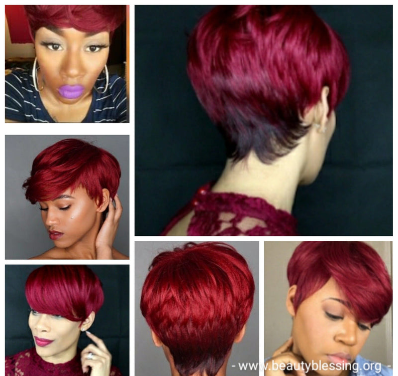 Pixie Short Cut Swoop Bang Ombre Burgundy Red Wine Hair Wig - Beauty Blessing Wigs & Hair Extensions Boutique