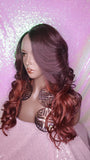WIG Long Loose Wavy Curl Premium Fiber Heat Resistant Lace Wig Ombre Wine Red Cooper Hair Wigs - Beauty Blessing Wigs & Hair Extensions Boutique