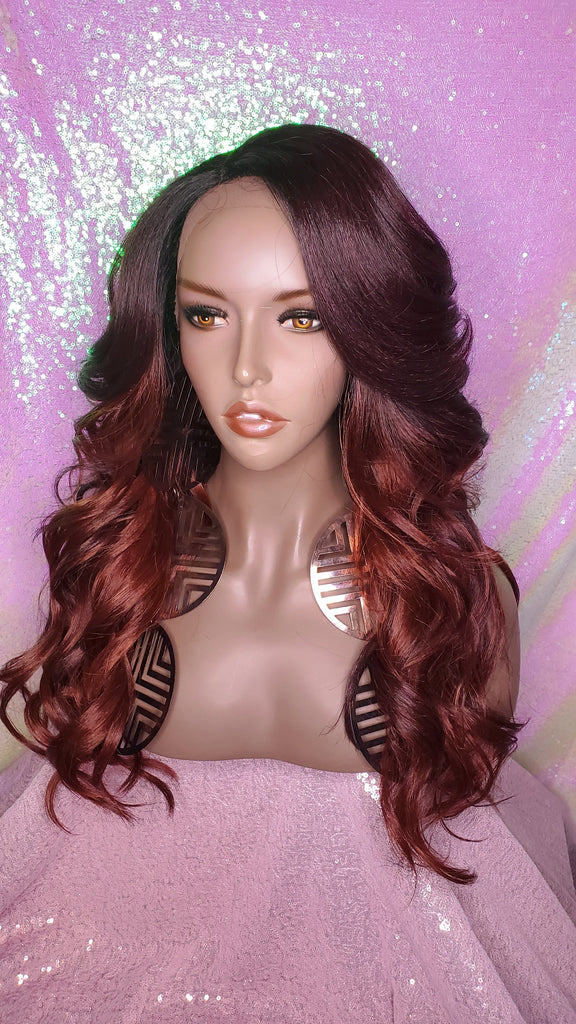 WIG Long Loose Wavy Curl Premium Fiber Heat Resistant Lace Wig Ombre Wine Red Cooper Hair Wigs - Beauty Blessing Wigs & Hair Extensions Boutique