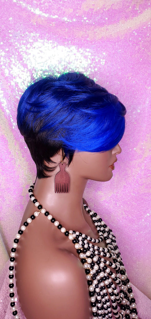 Blue pixie human hair wig swoop bang - Hair care