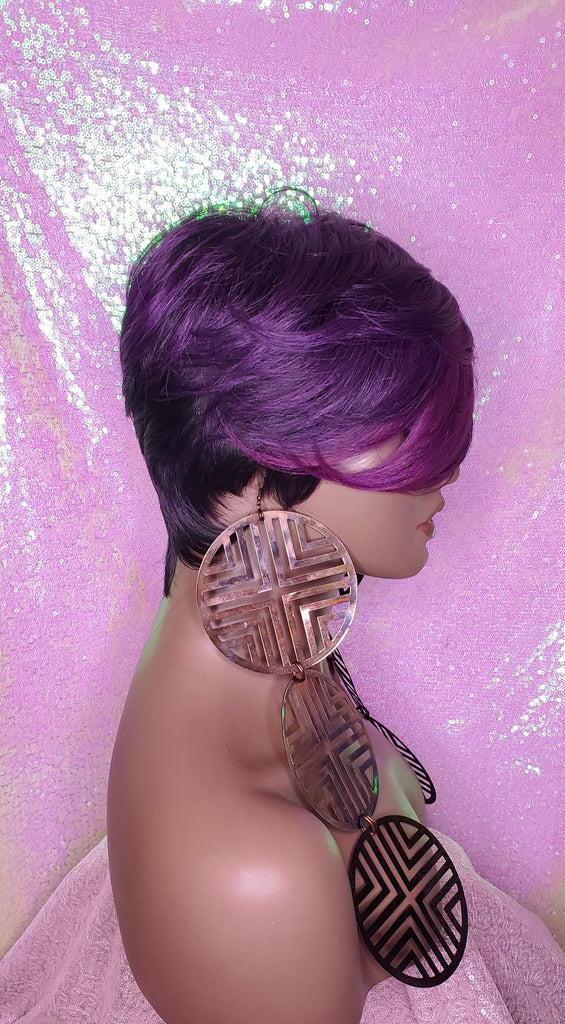 Purple Ombre Pixie Cut Wig with Swoop Bangs Purple Hair Wig Premium Fiber Purple Pixie Cut Hair Wig - Beauty Blessing Wigs & Hair Extensions Boutique