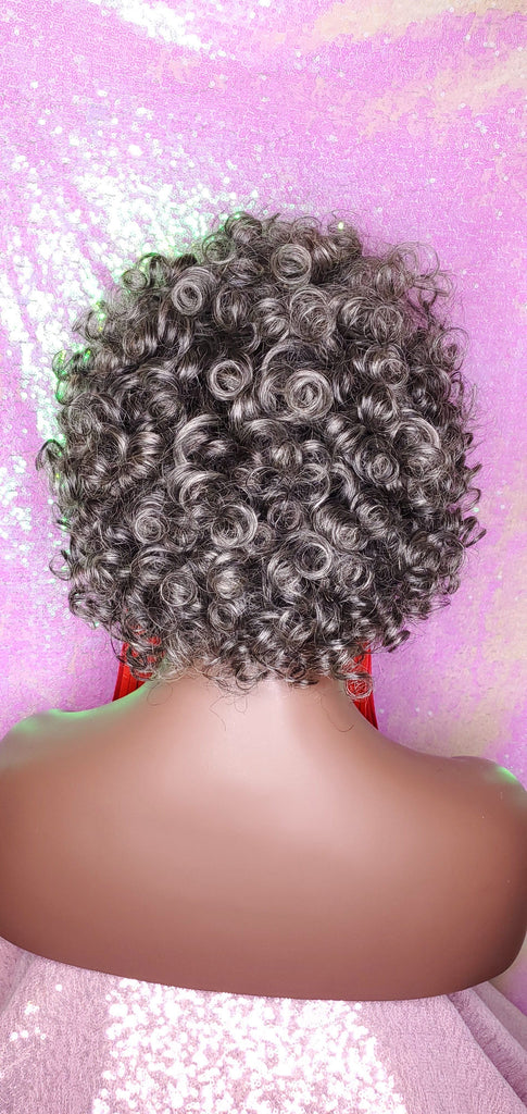 Short Loose Curl Salt Pepper Brazilian Remy 100% Human Hair Full Wig - Beauty Blessing Wigs & Hair Extensions Boutique