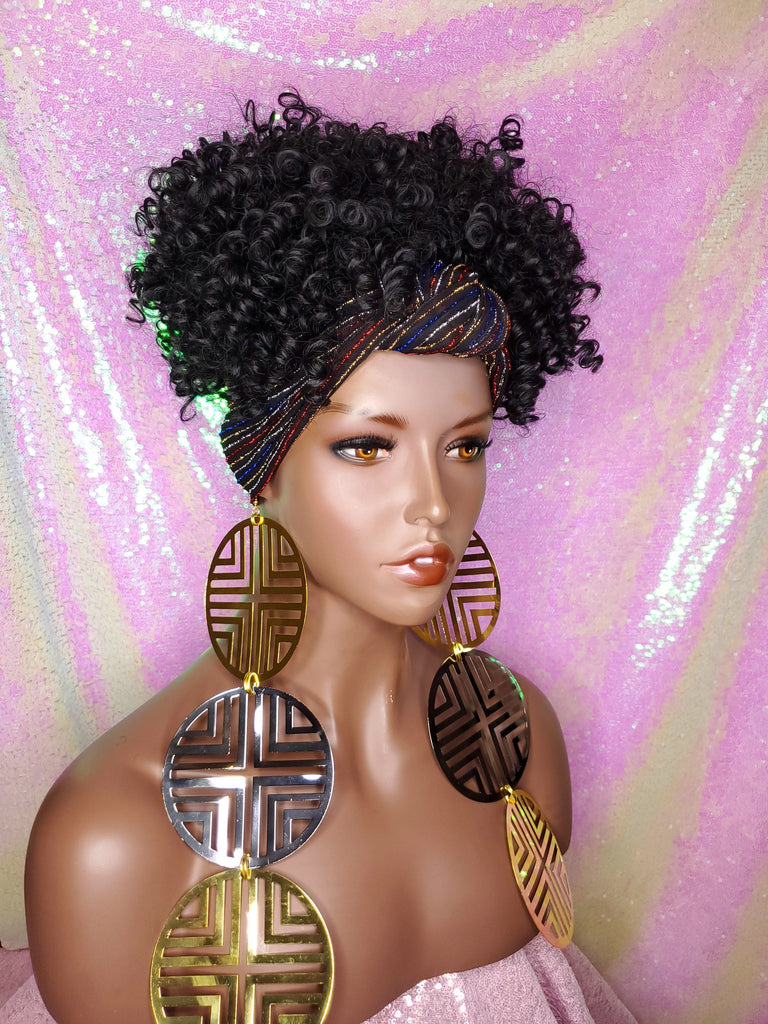 Afro Kinky Puff Curl Turban Wig Black Sequin Head Band Wig - Beauty Blessing Wigs & Hair Extensions Boutique