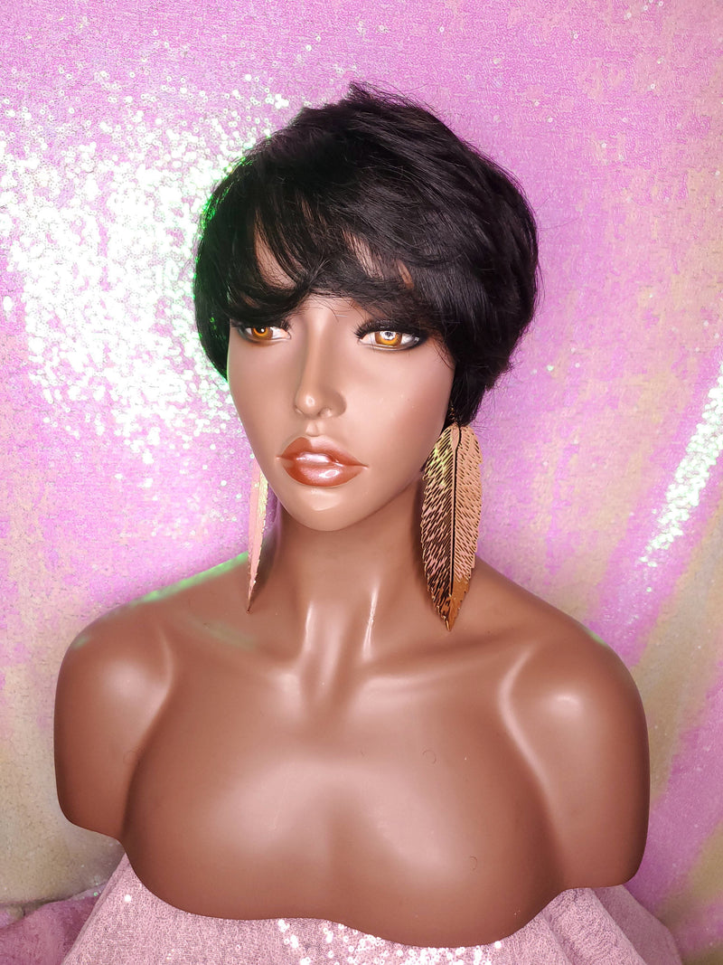 Pixie Cut Indian Remy 100% Human Hair Wig Razor Cut Swoop Bang Hair Wig Yaki Texture Wig - Beauty Blessing Wigs & Hair Extensions Boutique