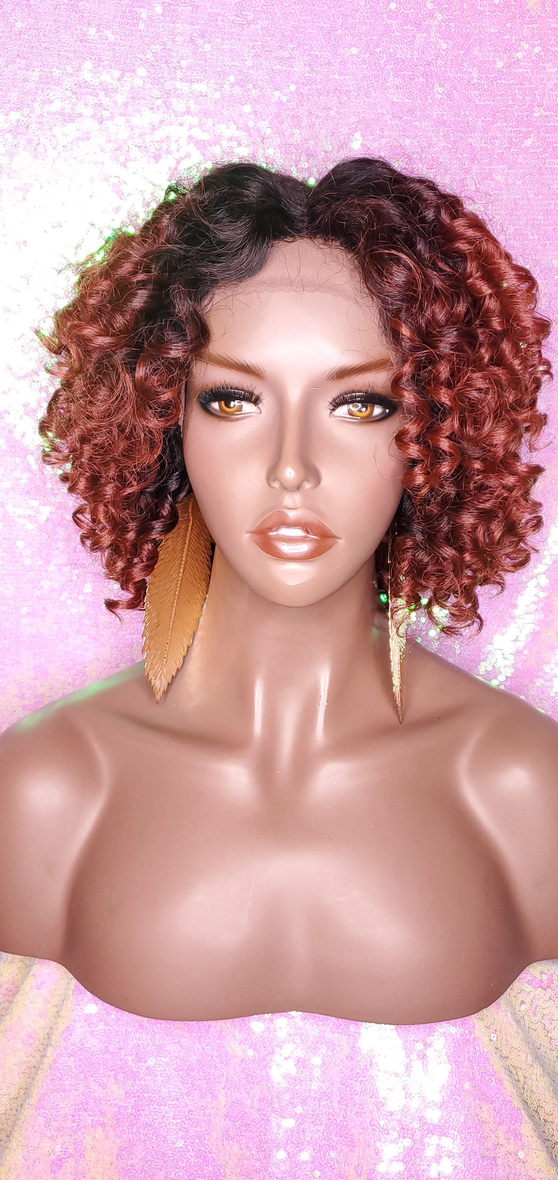 Short Bob Kinky Afro Curl Lace Front Wig Small Wand Curl Bob Natural Yaki Bob Wig Glueless Preplucked Lace Wig Ombre Burgundy Red Copper - Beauty Blessing Wigs & Hair Extensions Boutique