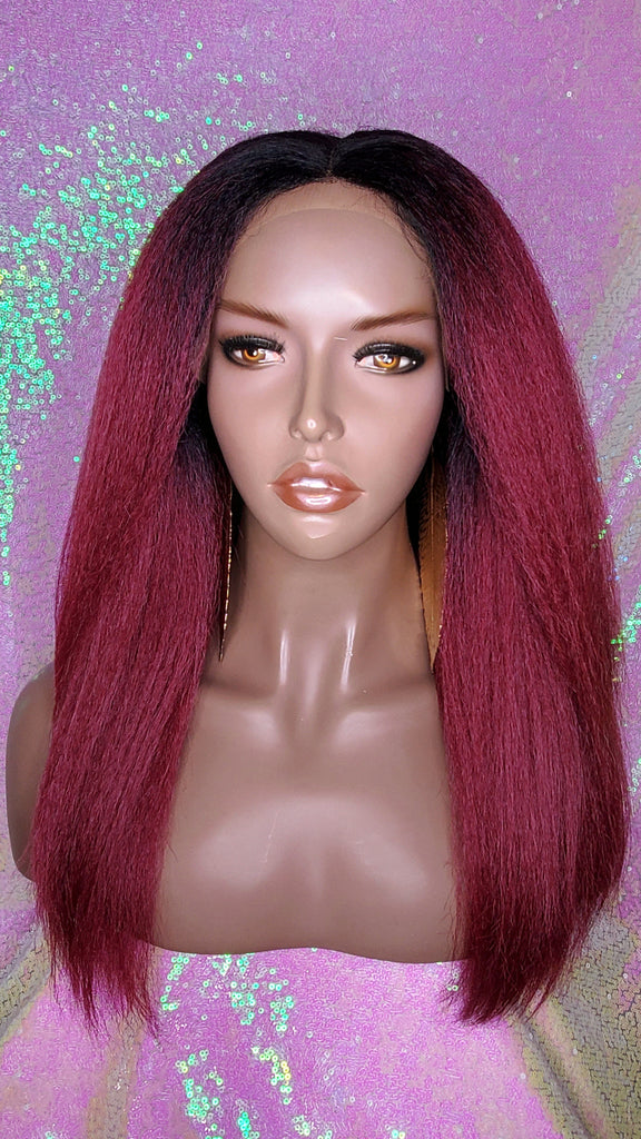 Afro Blowout Yaki Texture Heat Resistant Fiber Lace Front Glueless Wig Coarse Kinky Hair Wig Ombre Burgundy Rum Hair - Beauty Blessing Wigs & Hair Extensions Boutique