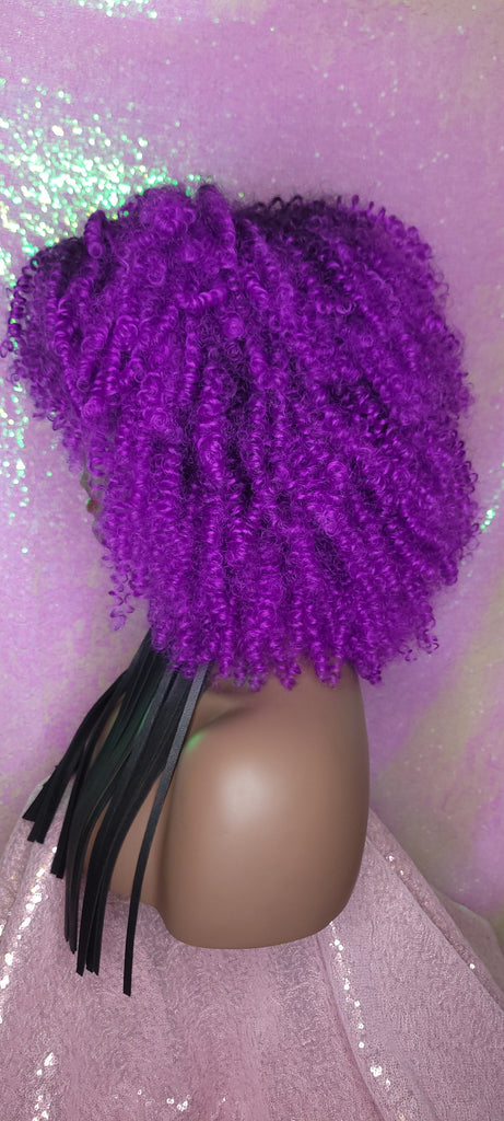 Purple Curly Afro Kinky Twist Bangs Wig Afro Corkscrew Hair Wig Soft Natural Coily Ombre Purple Hair Wig - Beauty Blessing Wigs & Hair Extensions Boutique
