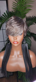 Gray Wig Pixie Cut Layered Swoop Bang Style Human Hair Short Hair Wig Ombre Salt Pepper Gray Hair Wig