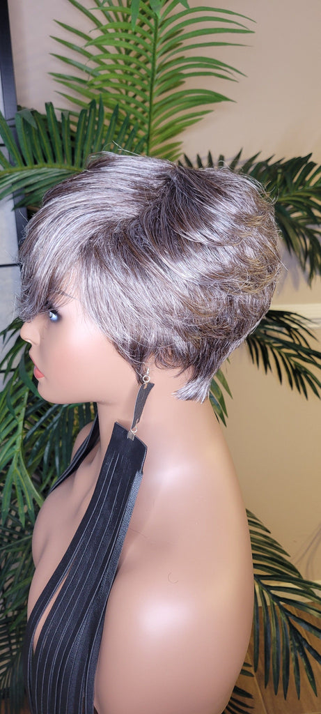 Gray Wig Pixie Cut Layered Swoop Bang Style Human Hair Short Hair Wig Ombre Salt Pepper Gray Hair Wig