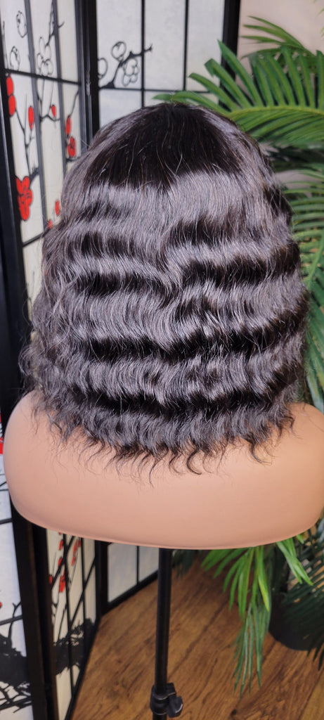 Deep Wave Short Bob Hairstyle Brazilian Remy 100% Human Hair with Bangs Natural Loose Wave Hair Wig Black Hair Wig