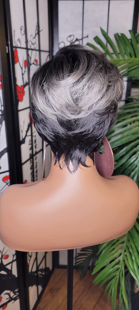 Gray Platinum Pixie Cut Razor Choppy Cut Swoop Bang  Hair Blend Wig Gray Platinum Silver Hair Wig Ombre Dark Gray Wig