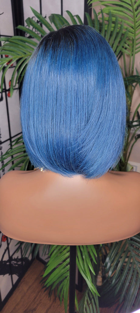 Blue Hair Wig Bob Brazilian Remy Human Hair Short Hair Bob Hairstyle Swoop Bang Hair Full Cap Wig