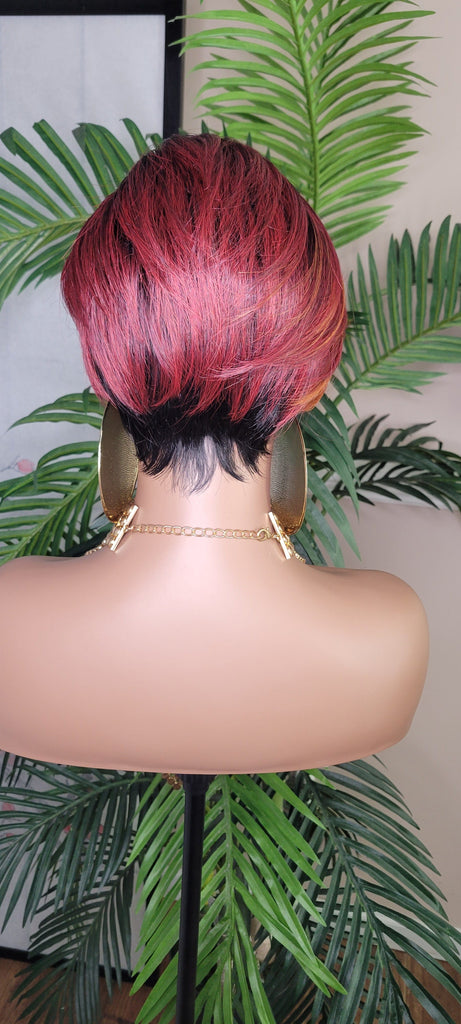 Short Wig Pixie Cut Style with Swoop Bangs Wigs for Women Soft Burgundy Auburn Copper Ombre Hair Color