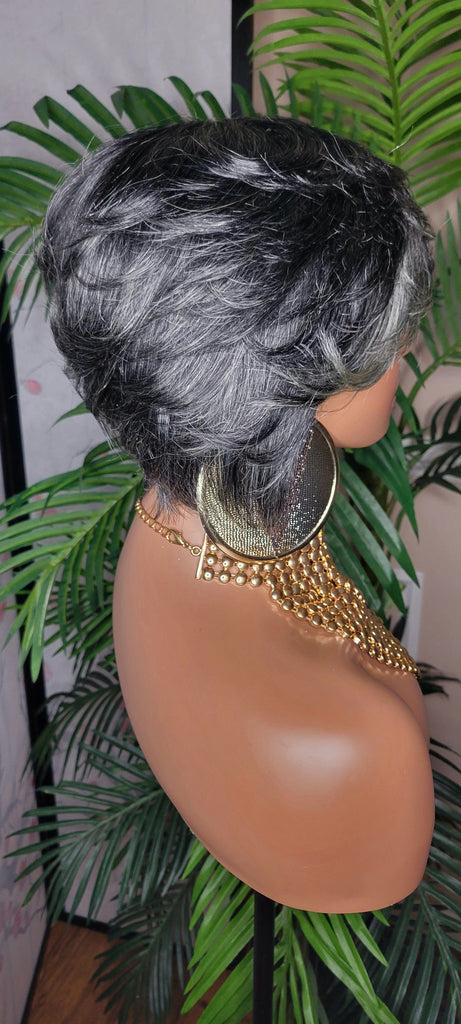 Dark Salt & Pepper Gray Tone Pixie Bob Cut Layered Brazilian Remy Human Hair Wig - Beauty Blessing Wigs & Hair Extensions Boutique