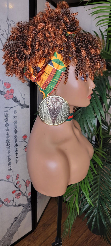 Turban Hair Wig Afro Kinky Puff Bangs Wig Auburn Afro Curly Corkscrew Hair Wrap Wig African Print Head Wrap Wig Afro Puff Hair Bang Wig