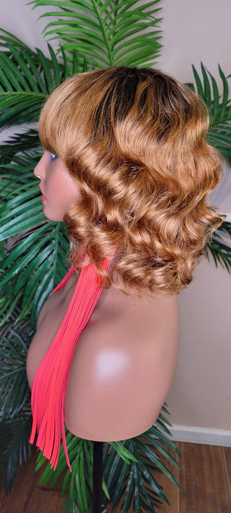 Deep Wave Hair Pixie Short Bob Brazilian Remy Remy 100% Human Hair with Bangs Auburn Hair Wig Glueless Full Cap Wig