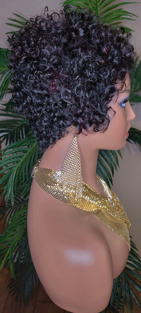 Burgundy Streaks Brazilian Remy Human Hair Pixie Cut Curl Hair Wig Soft Short Cut Curly Water Wave Natural Hairstyle Wig 100% Human Hair Wig
