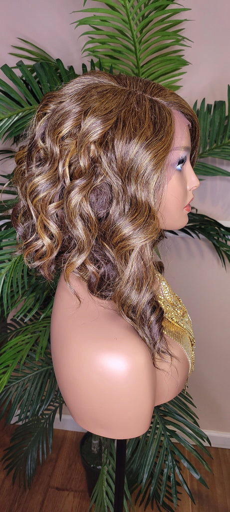 Body Wave Hair Bob Hairstyle Glueless Lace Front Wig with Swoop Bangs Brown Golden Blonde Mix Colored Hair Lace Part Wig