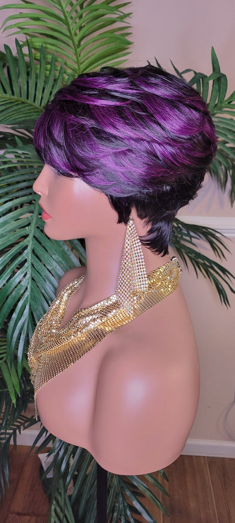 Purple Hair Wig Swoop Bang Pixie Cut Remy 100% Human Hair Wig Short Hairstyle Colored Glueless Wig