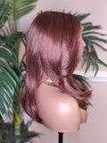 Ombre Brown Burgundy Copper Hair Wig Yaki Texture Blow Out Hairstyle Lace Front Glueless Wig Straight Coarse Kinky Medium Length Hair Wig