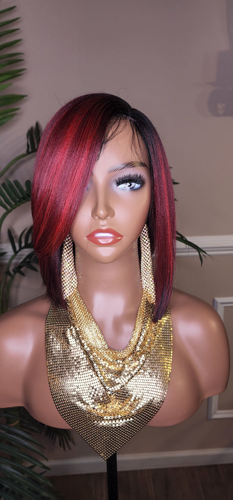 Burgundy Bob Hairstyle Razor Cut Swoop Bang Glueless Lace Front Wig Full Cap Wig Ombre Mix Burgundy Colored Wig - Beauty Blessings LLC