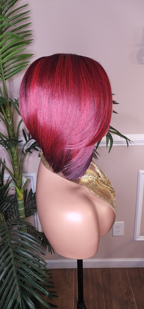 Burgundy Bob Hairstyle Razor Cut Swoop Bang Glueless Lace Front Wig Full Cap Wig Ombre Mix Burgundy Colored Wig