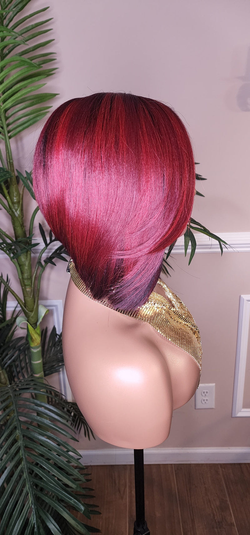 Burgundy Bob Hairstyle Razor Cut Swoop Bang Glueless Lace Front Wig Full Cap Wig Ombre Mix Burgundy Colored Wig - Beauty Blessings LLC