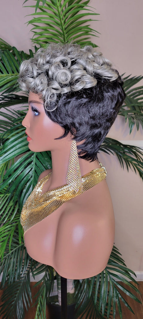 Fingerwave Curl Wig Brazilian Remy 100% Human Hair Wig Fashion Short Pixie Cut Wig HairStyle Gray Colored Hair