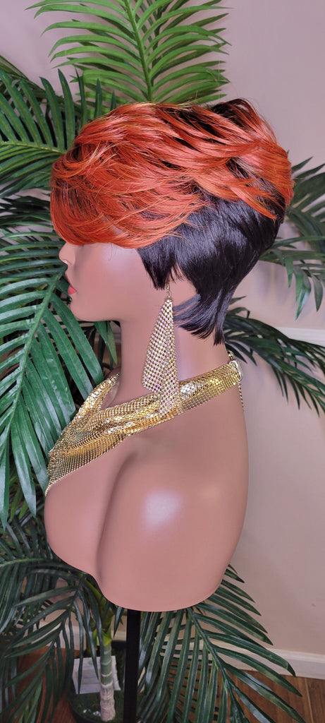 Copper Color Wig  Swoop Bang Wig Short Cut Celebrity Inspired Pixie Cut Hair Wig with Swooo Bangs and Layers Color Shown Off Black Ombre Copper Bang