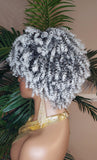 White Gray Hair Wig Coil Kinky Twist Spiral Curl Pixie Short Afro Natural Hairstyle Wig Ombre Black Gray Salt Pepper Human Hair Blend Wig 