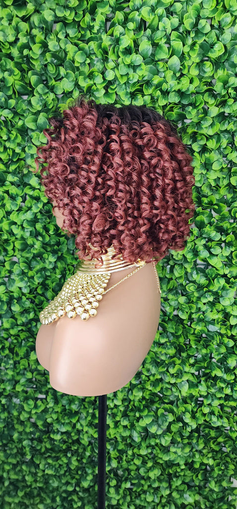 Short Bob Kinky Afro Curl Lace Front Wig Small Wand Curl Bob Natural Yaki Bob Wig Glueless Preplucked Lace Wig Ombre Burgundy Hair