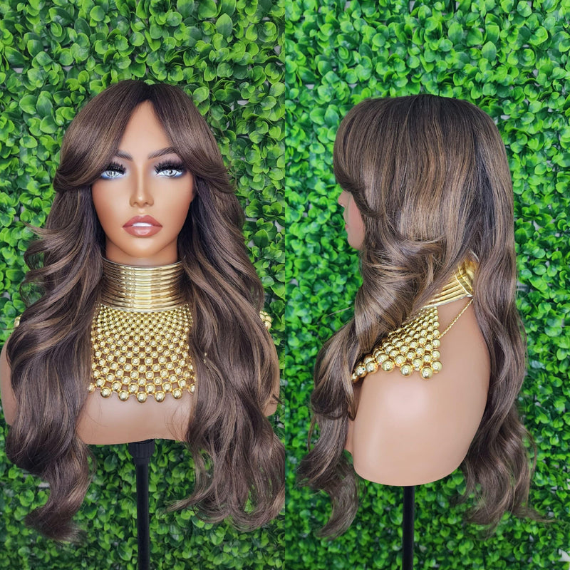 Loose Curl Long Hair Swoop Bang Hair Layered Curls Full Cap Wig Fashion Hairstyle Glueless Wig - Beauty Blessings LLC