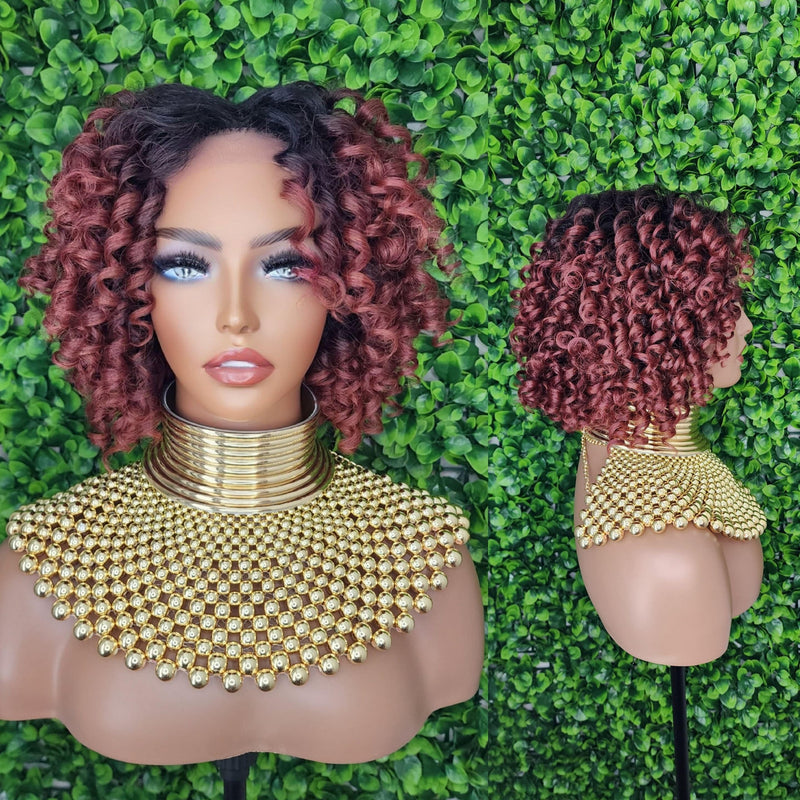 Short Bob Kinky Afro Curl Lace Front Wig Small Wand Curl Bob Natural Yaki Bob Wig Glueless Preplucked Lace Wig Ombre Burgundy Hair - Beauty Blessings LLC