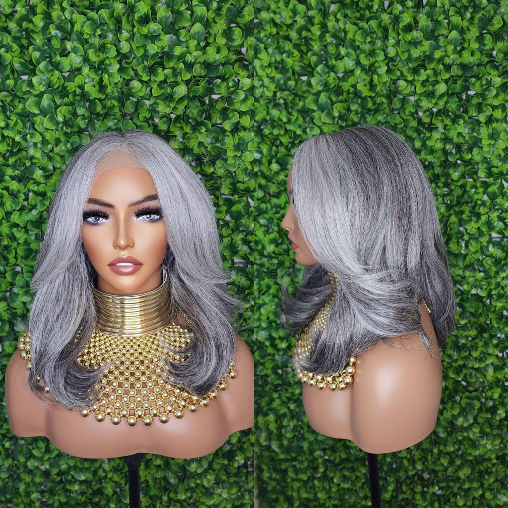 Salt and Pepper Gray Hair Wig Mix Gray Afro Blowout Yaki Texture Heat Resistant Fiber Lace Front Glueless Wig Loose Curl Kinky Hair Wig
