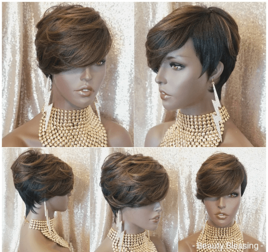 Pixie Cut Hair Wig Layered Swoop Bang Hairstyle Short Hair Cut Wig Brown Auburn Hair Wig - Beauty Blessings LLC