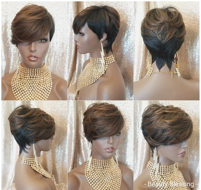 Pixie Cut Hair Wig Layered Swoop Bang Hairstyle Short Hair Cut Wig Brown Auburn Hair Wig - Beauty Blessings LLC