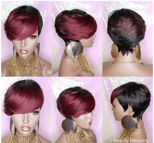 Burgundy Wine Ombre Hair Wig Short Hairstyle Pixie Cut Style Wig with Swoop Bangs - Beauty Blessings LLC