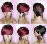 Burgundy Wine Ombre Hair Wig Short Hairstyle Pixie Cut Style Wig with Swoop Bangs