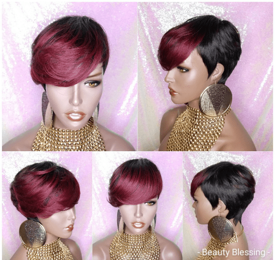 Burgundy Wine Ombre Hair Wig Short Hairstyle Pixie Cut Style Wig with Swoop Bangs - Beauty Blessings LLC