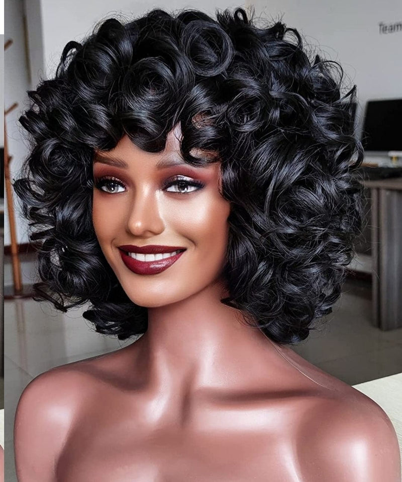 Big Curl Wigs Short Hairstyle Wig Glueless Women Wig with Bangs Curly Hair Women Fashion Wig Red Carpet Wig Bouncy Curl Hairstyle - Beauty Blessings LLC