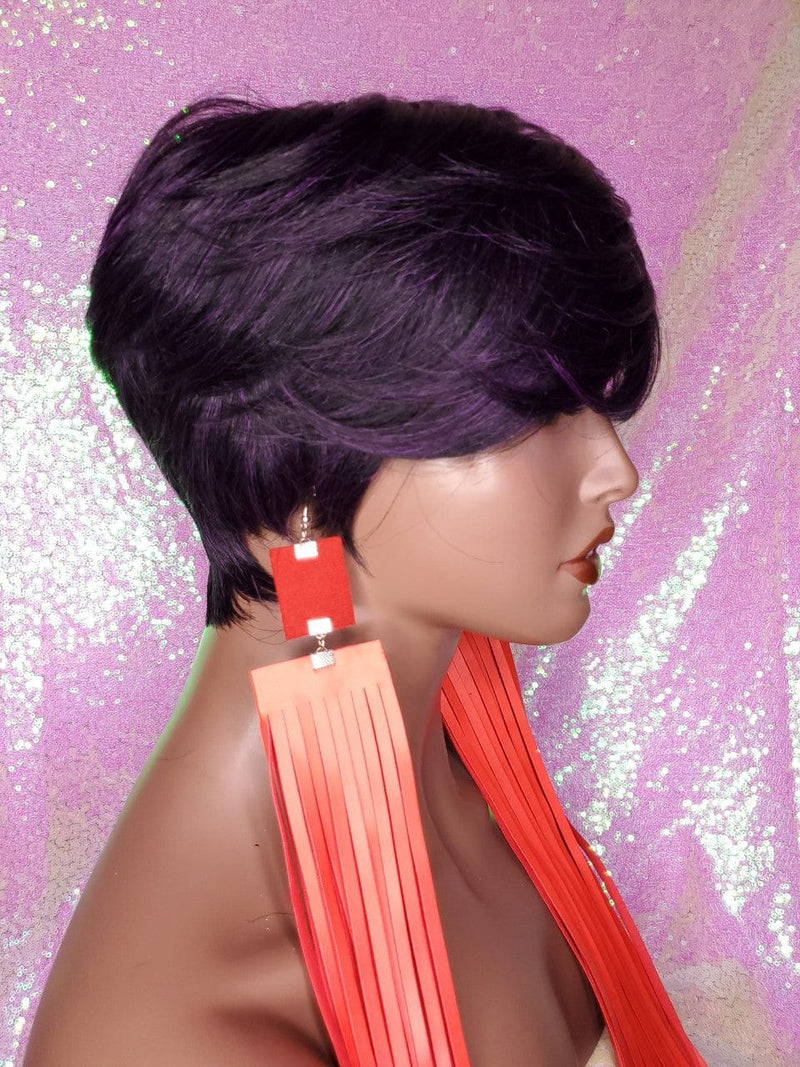 Purple Hair Pixie Short Cut Swoop Bang Style Hair Wig Glueless Wig for Women - Beauty Blessings LLC