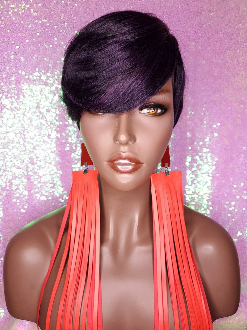 Purple Hair Pixie Short Cut Swoop Bang Style Hair Wig Glueless Wig for Women - Beauty Blessings LLC