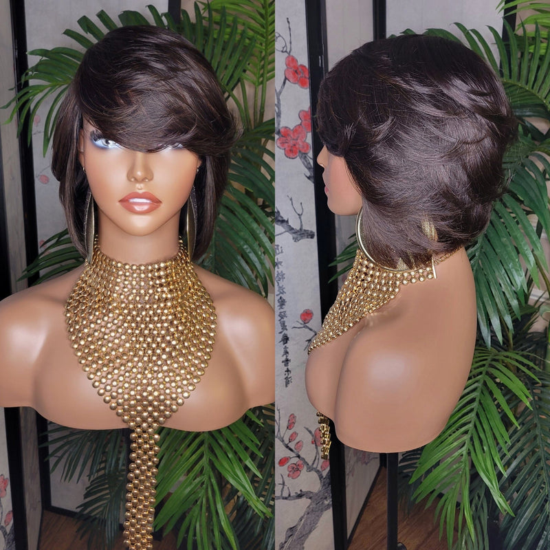 Dark Brown Short Bob Hairstyle 100% Human Hair Brazilian Remy Short Cut Hair Swoop Bang Layered Hair Full Cap Wig - Beauty Blessings LLC